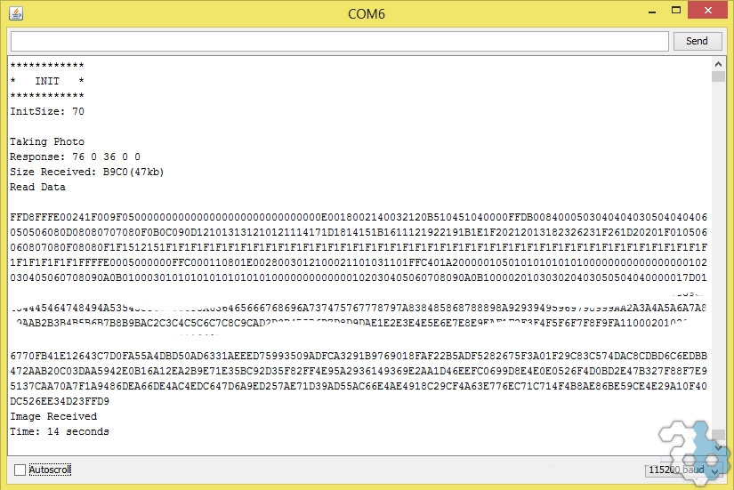 Example debug serial output from camera