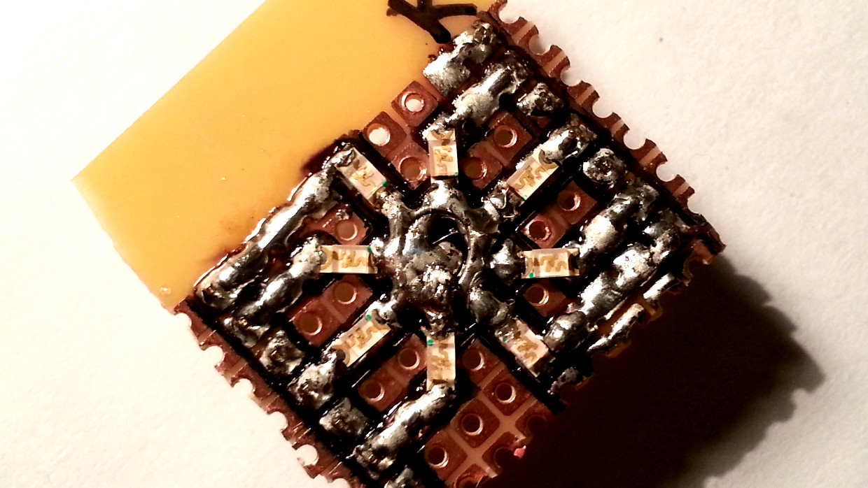 Veroboard with a ring of soldered L.E.Ds